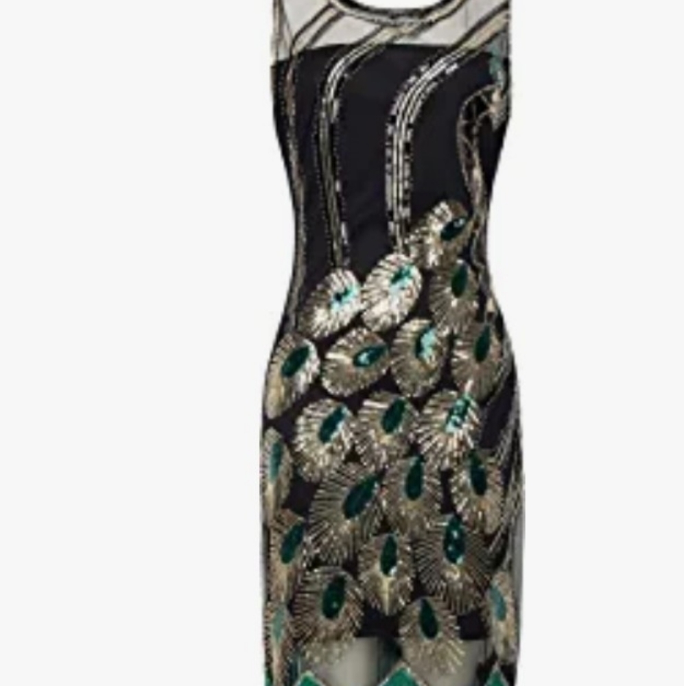 Xl Black/Green 20's Vintage Peacock Sequin Fringed Party Flapper Dress